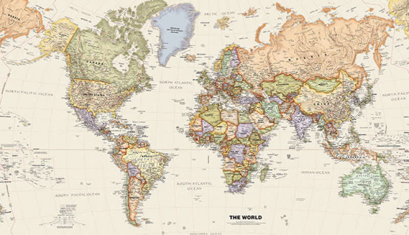 Poster carte du monde vintage — cabinet de curiosités Curiosa